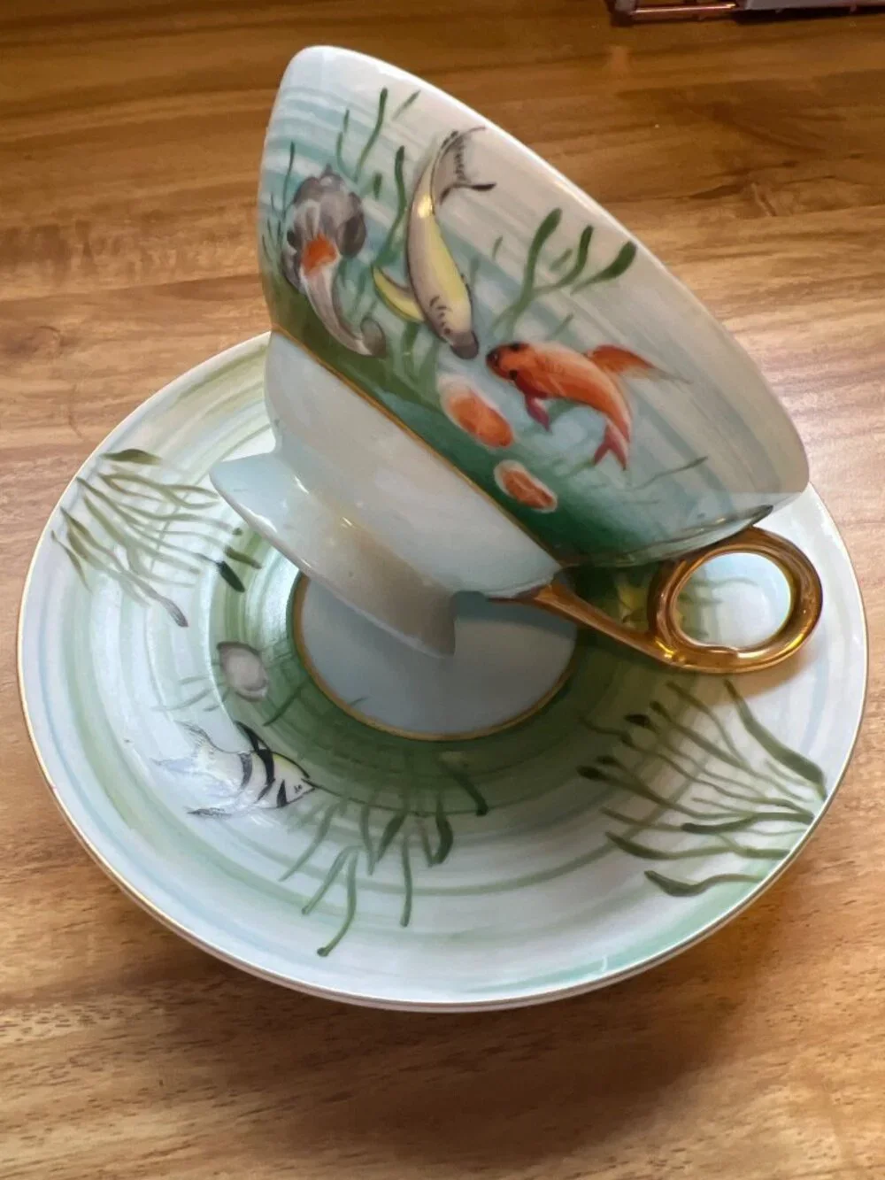 Made in Japan Hand Painted Koi Fish Pond Teacup & Saucer Angel Fish Tropical
